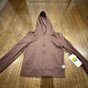 Zip-Up Hoodie in heather java. Halo mini